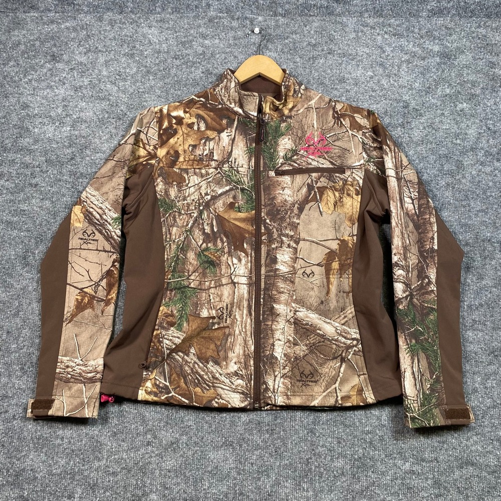 Realtree Xtra Camo Softshell Jacket Womens Medium Brown Pink Logo Full Zip
